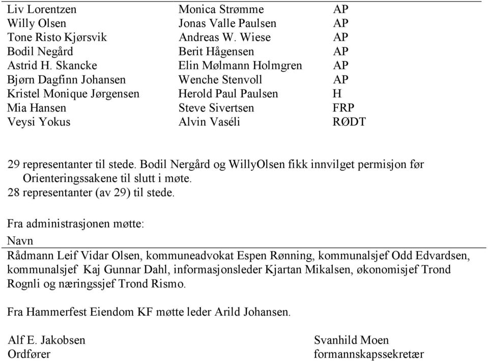 representanter til stede. Bodil Nergård og WillyOlsen fikk innvilget permisjon før Orienteringssakene til slutt i møte. 28 representanter (av 29) til stede.