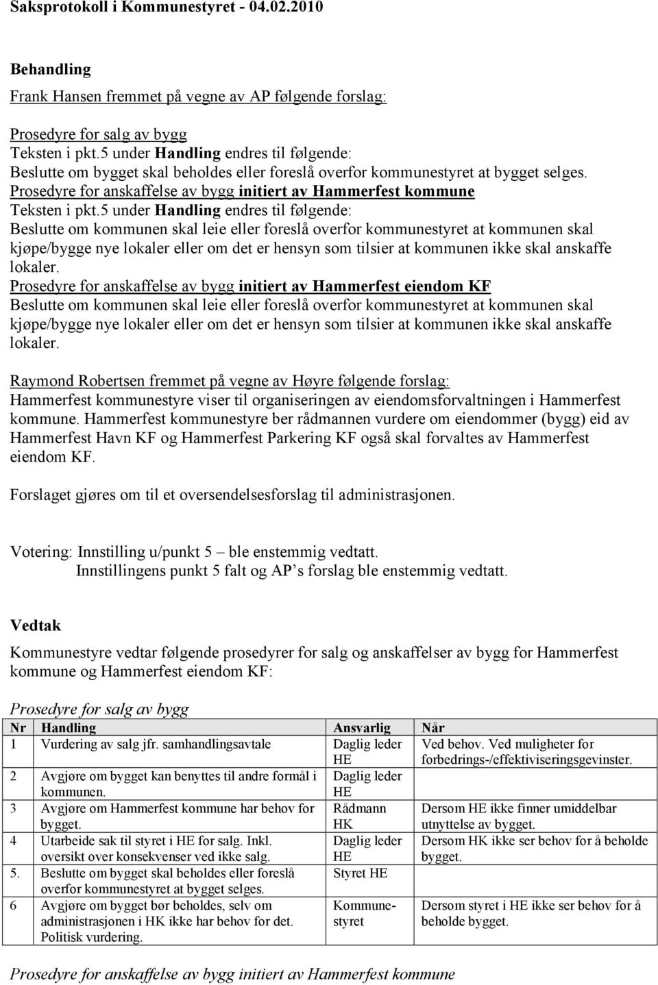 Prosedyre for anskaffelse av bygg initiert av Hammerfest kommune Teksten i pkt.