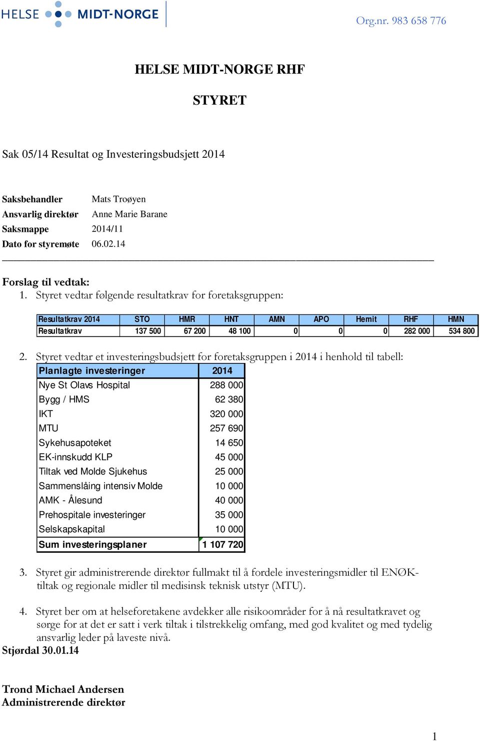 Styret vedtar et investeringsbudsjett for foretaksgruppen i 2014 i henhold til tabell: Planlagte investeringer 2014 Nye St Olavs Hospital 288 000 Bygg / HMS 62 380 IKT 320 000 MTU 257 690