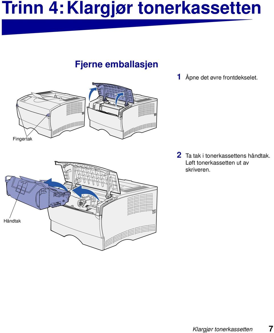 Fingertak 2 Ta tak i tonerkassettens håndtak.