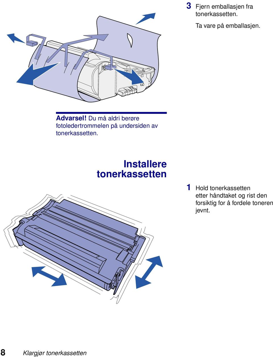 Du må aldri berøre fotoledertrommelen på undersiden av tonerkassetten.