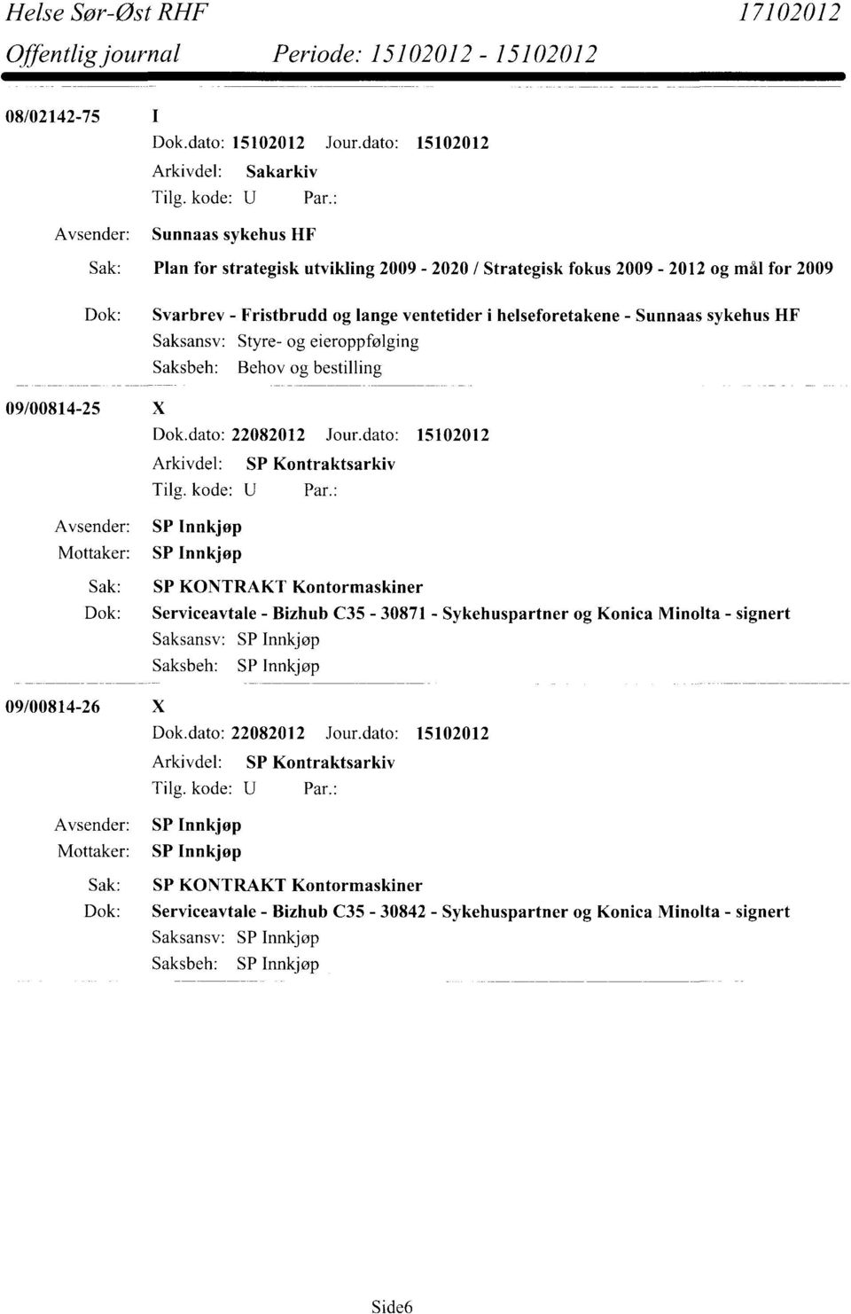 dato: 15102012 Arkivdel: SP Kontraktsarkiv SP Innkjøp Mottaker: SP Innkjøp Sak: SP KONTRAKT Kontormaskiner Dok: Serviceavtale - Bizhub C35-30871 - Sykehuspartner og Konica Minolta - signert