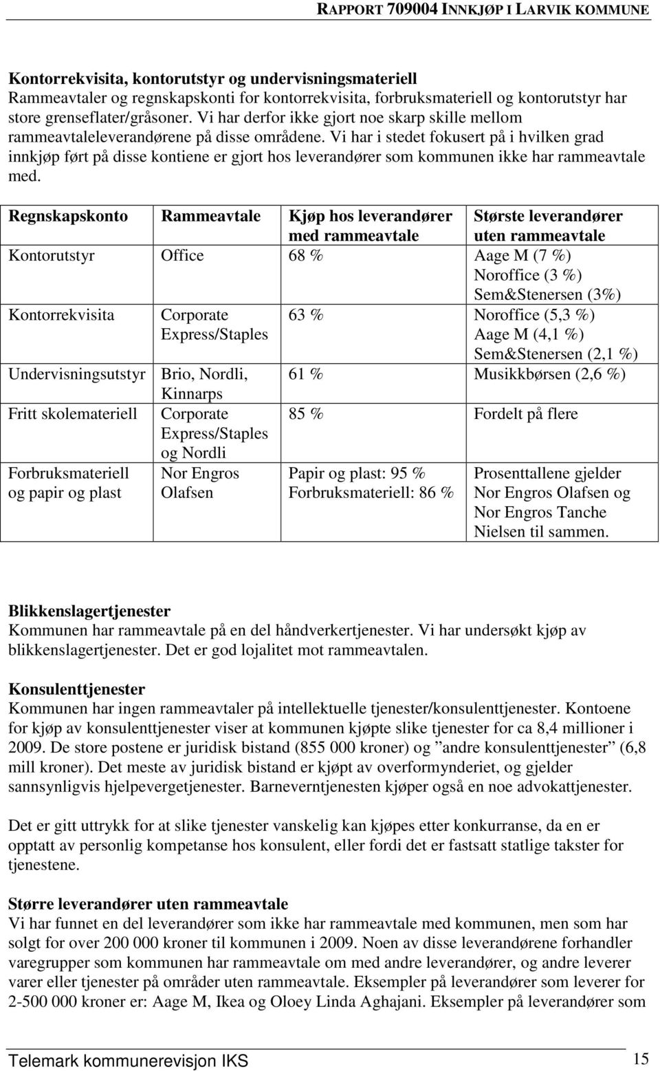 Vi har i stedet fokusert på i hvilken grad innkjøp ført på disse kontiene er gjort hos leverandører som kommunen ikke har rammeavtale med.