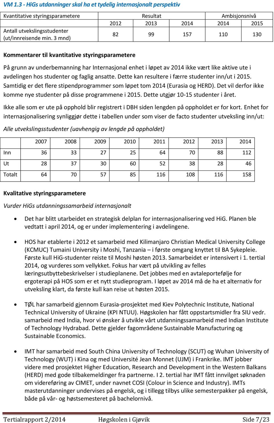 faglig ansatte. Dette kan resultere i færre studenter inn/ut i 2015. Samtidig er det flere stipendprogrammer som løpet tom 2014 (Eurasia og HERD).