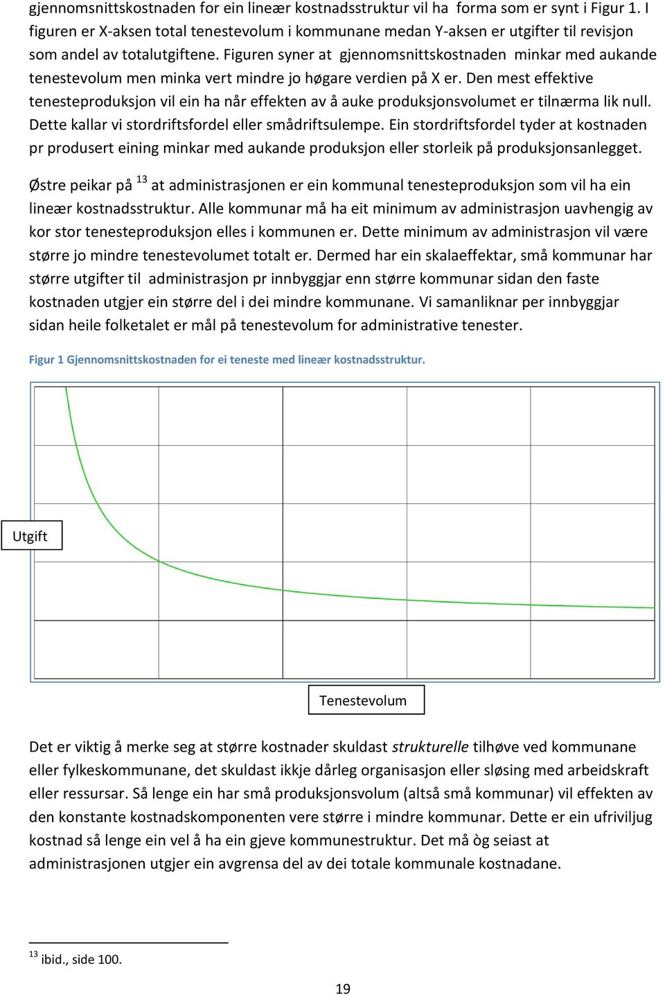 Figuren syner at gjennomsnittskostnaden minkar med aukande tenestevolum men minka vert mindre jo høgare verdien på X er.