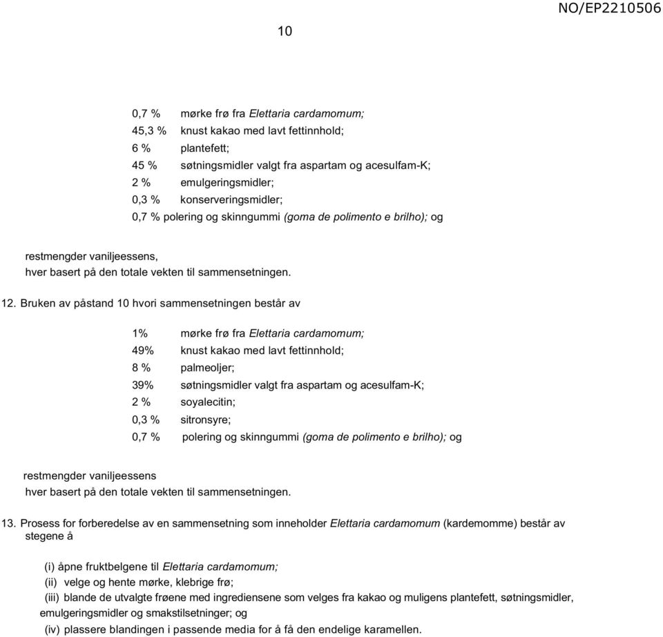 Bruken av påstand 10 hvori sammensetningen består av 1% mørke frø fra Elettaria cardamomum; 49% knust kakao med lavt fettinnhold; 8 % palmeoljer; 39% søtningsmidler valgt fra aspartam og acesulfam-k;