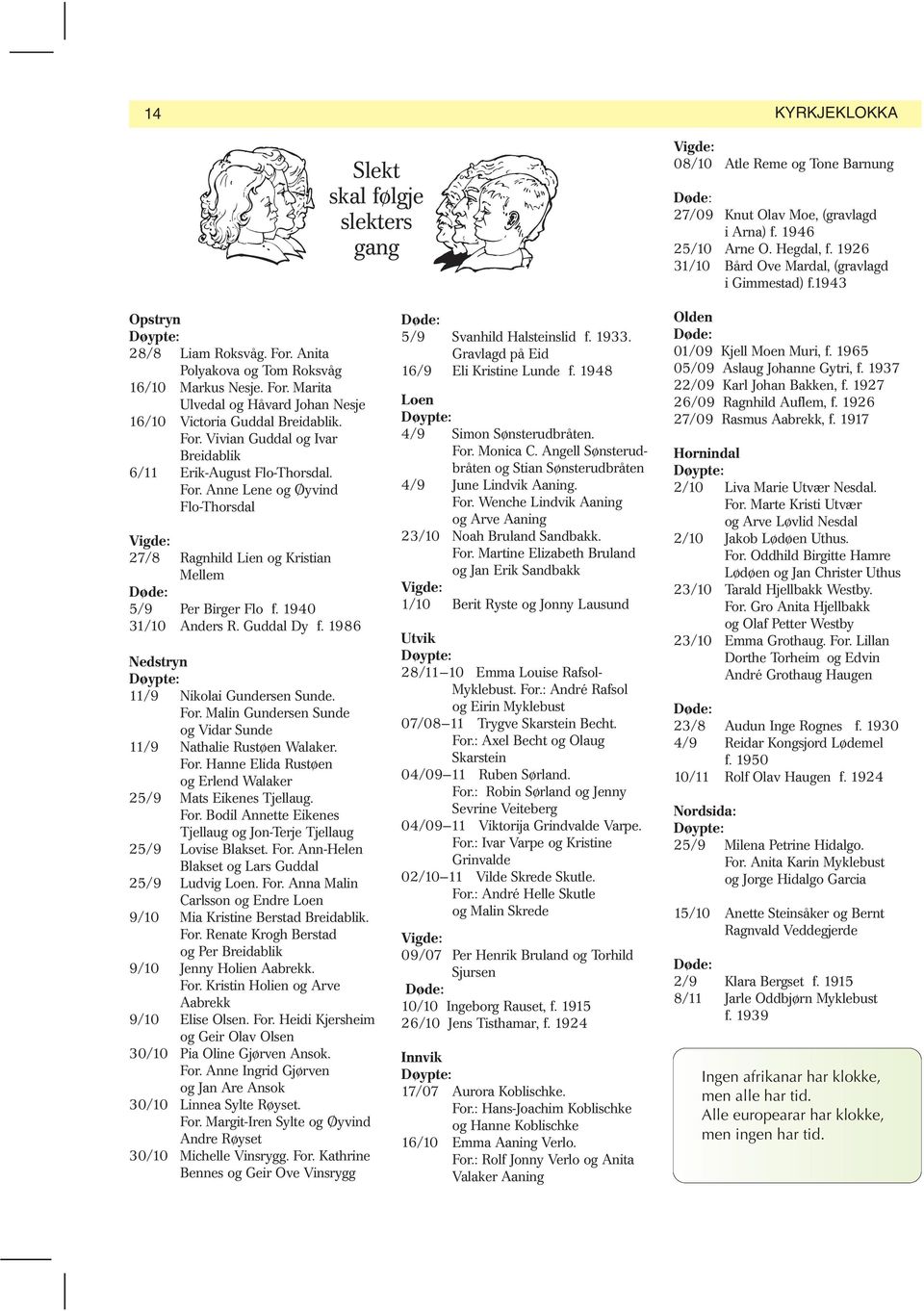 For. Vivian Guddal og Ivar Breidablik 6/11 Erik-August Flo-Thorsdal. For. Anne Lene og Øyvind Flo-Thorsdal Vigde: 27/8 Ragnhild Lien og Kristian Mellem Døde: 5/9 Per Birger Flo f. 1940 31/10 Anders R.