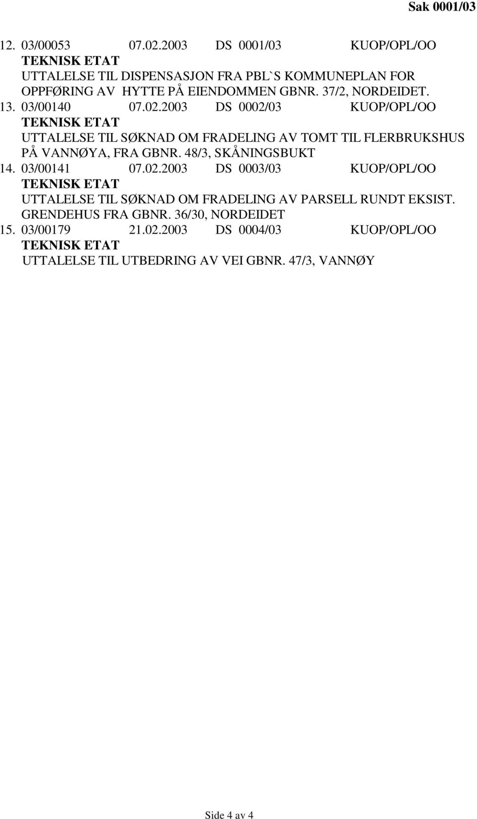 03/00140 07.02.2003 DS 0002/03 KUOP/OPL/OO TEKNISK ETAT UTTALELSE TIL SØKNAD OM FRADELING AV TOMT TIL FLERBRUKSHUS PÅ VANNØYA, FRA GBNR.