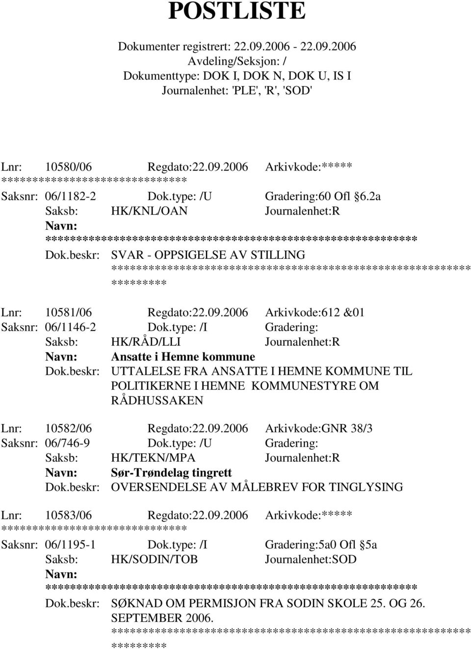 beskr: UTTALELSE FRA ANSATTE I HEMNE KOMMUNE TIL POLITIKERNE I HEMNE KOMMUNESTYRE OM RÅDHUSSAKEN Lnr: 10582/06 Regdato:22.09.2006 Arkivkode:GNR 38/3 Saksnr: 06/746-9 Dok.