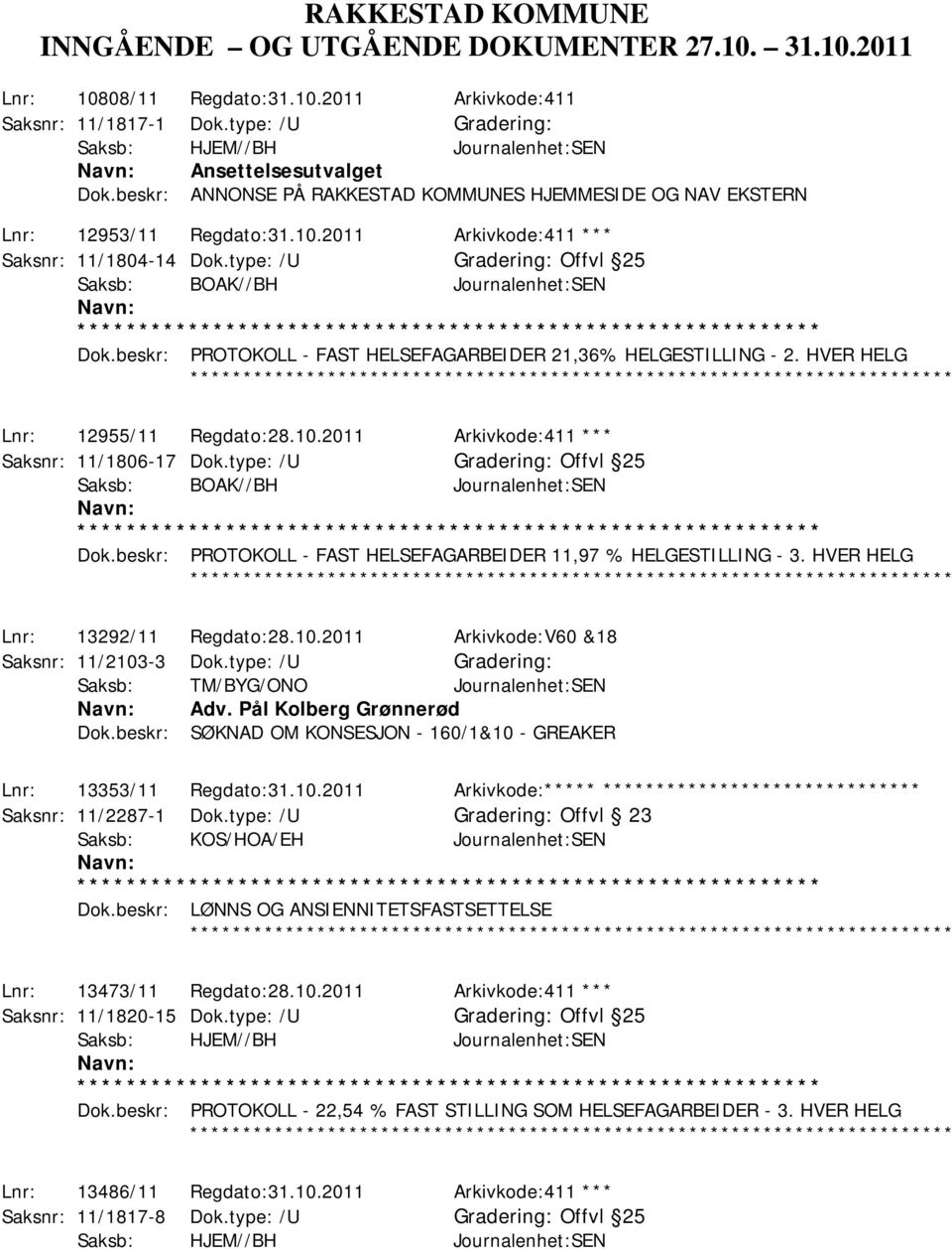 2011 Arkivkode:411 *** Saksnr: 11/1804-14 Dok.type: /U Offvl 25 Saksb: BOAK//BH Journalenhet:SEN Dok.beskr: PROTOKOLL - FAST HELSEFAGARBEIDER 21,36% HELGESTILLING - 2.