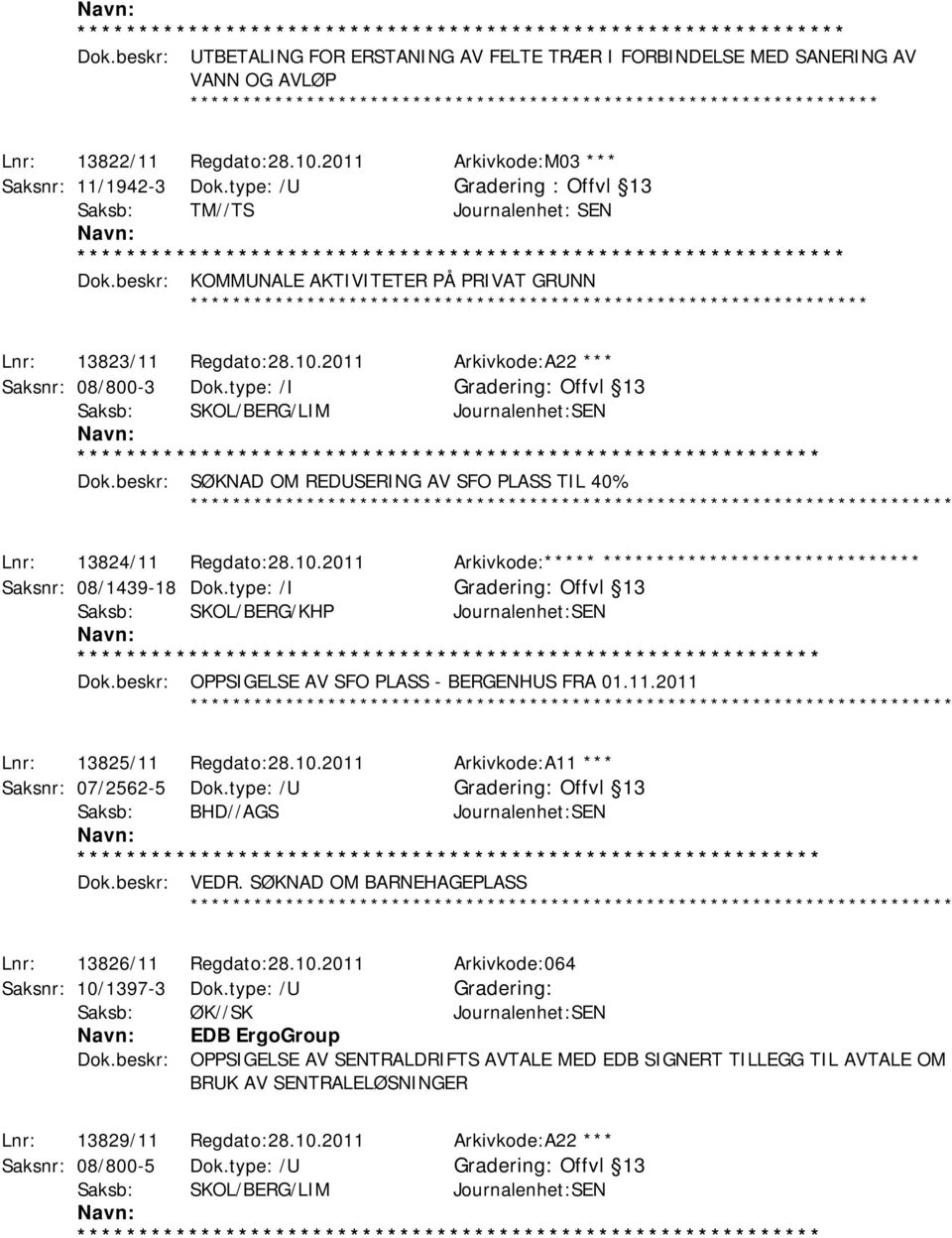 type: /I Offvl 13 Saksb: SKOL/BERG/LIM Journalenhet:SEN Dok.beskr: SØKNAD OM REDUSERING AV SFO PLASS TIL 40% Lnr: 13824/11 Regdato:28.10.