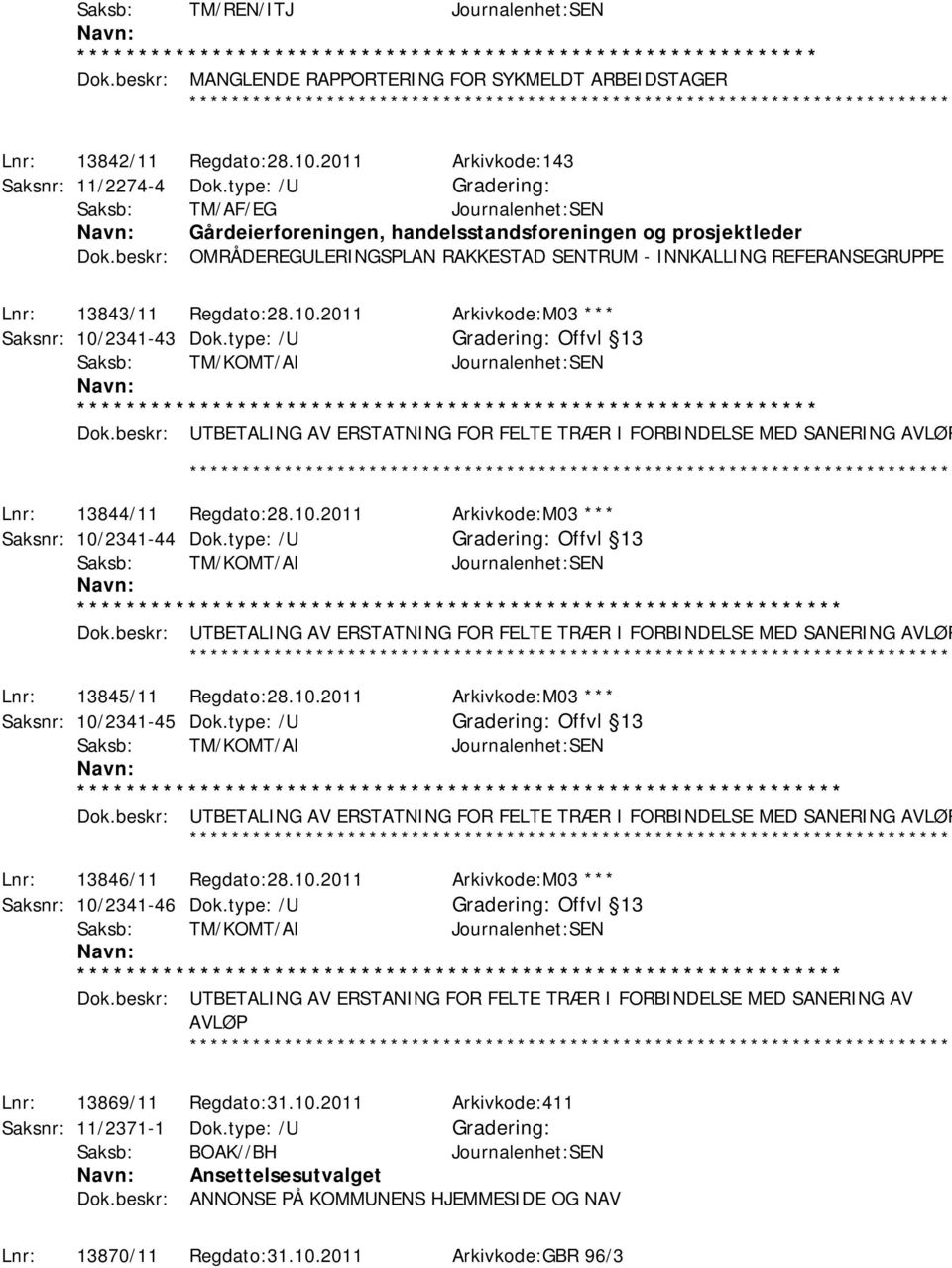 beskr: UTBETALING AV ERSTATNING FOR FELTE TRÆR I FORBINDELSE MED SANERING AVLØP Lnr: 13843/11 Regdato:28.10.2011 Arkivkode:M03 *** Saksnr: 10/2341-43 Dok.