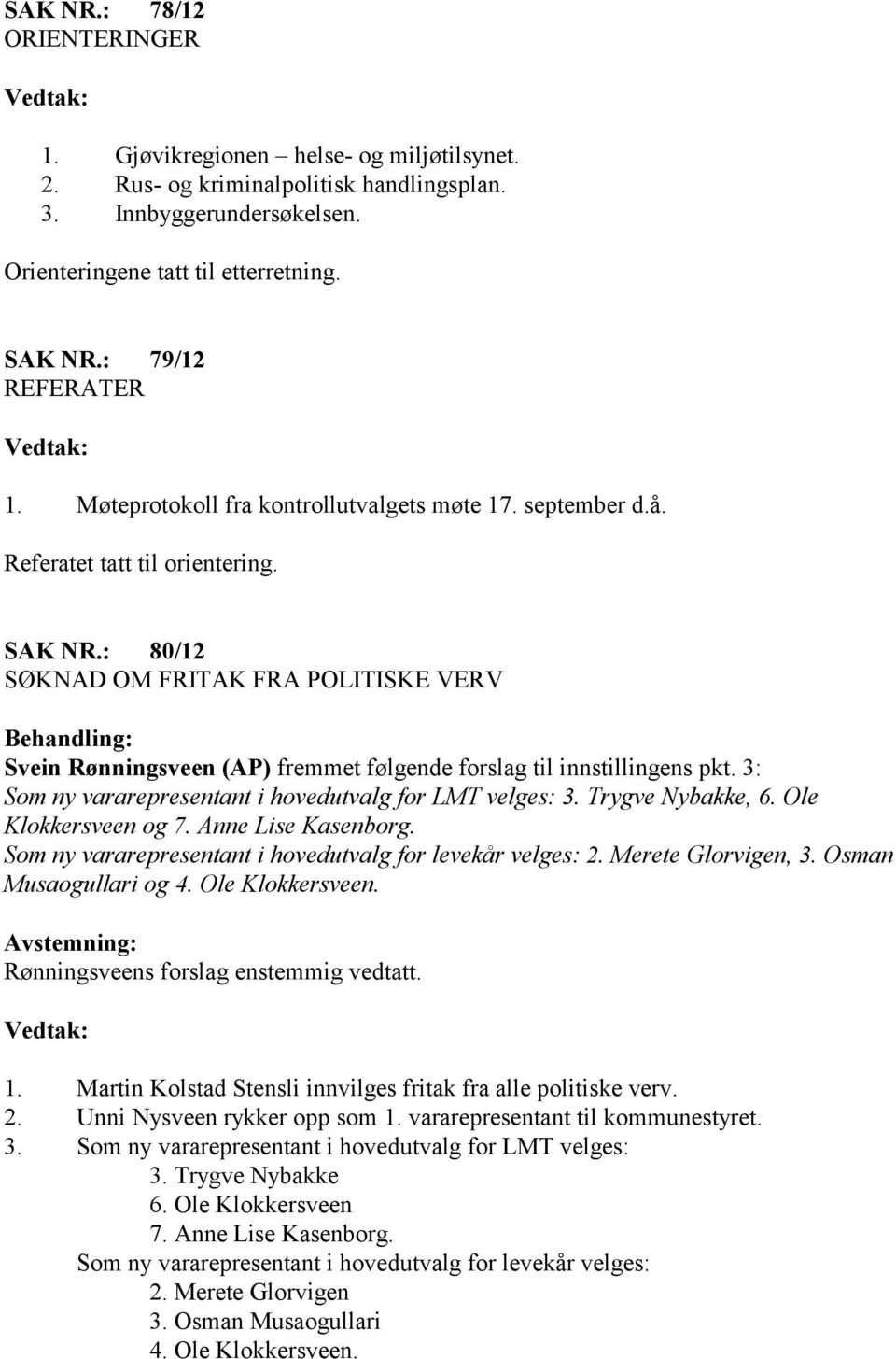 : 80/12 SØKNAD OM FRITAK FRA POLITISKE VERV Svein Rønningsveen (AP) fremmet følgende forslag til innstillingens pkt. 3: Som ny vararepresentant i hovedutvalg for LMT velges: 3. Trygve Nybakke, 6.