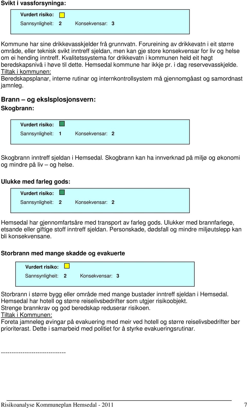 Kvalitetssystema for drikkevatn i kommunen held eit høgt beredskapsnivå i høve til dette. Hemsedal kommune har ikkje pr. i dag reservevasskjelde.