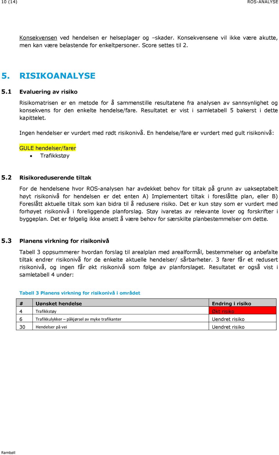 Resultatet er vist i samletabell 5 bakerst i dette kapittelet. Ingen hendelser er vurdert med rødt risikonivå. En hendelse/fare er vurdert med gult risikonivå: GULE hendelser/farer Trafikkstøy 5.