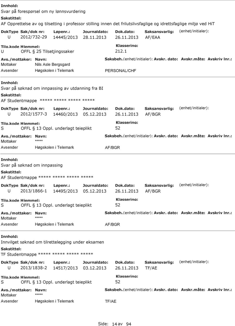 1 PERONAL/CHF var på søknad om innpassing av utdanning fra B AF tudentmappe ***** ***** ***** ***** 2012/1577-3 14460/2013 26.11.