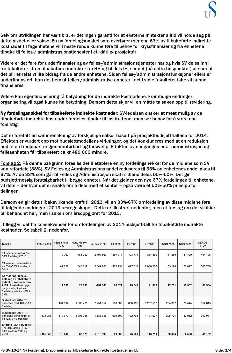 administrasjonstjenester i et «dårlig» prosjektår. Videre er det fare for underfinansiering av felles-/administrasjonstjenester når og hvis SV deles inn i tre fakulteter.