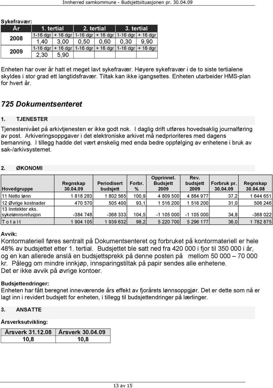 725 Dokumentsenteret Tjenestenivået på arkivtjenesten er ikke godt nok. I daglig drift utføres hovedsaklig journalføring av post.