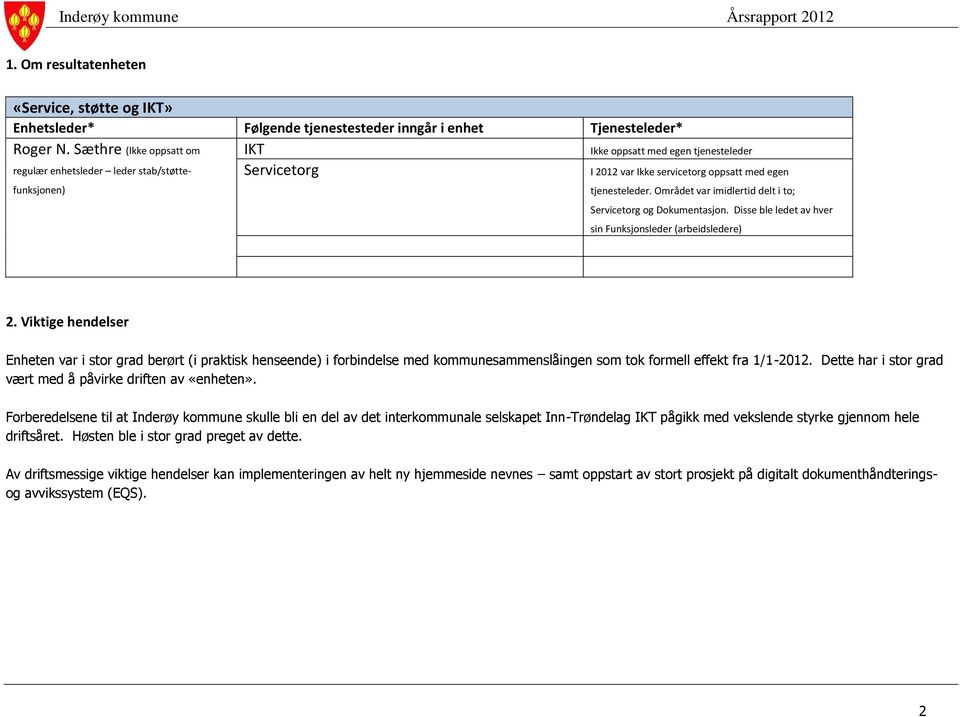 Området var imidlertid delt i to; Servicetorg og Dokumentasjon. Disse ble ledet av hver sin Funksjonsleder (arbeidsledere) 2.