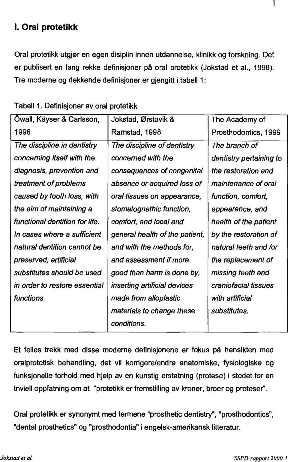 Definisjoner av oral protetikk Owall, Kåyser & Carlsson, Jokstad, Ørstavik & The Academy of 1996 Ramstad, 1998 Prosthodontics, 1999 The discip/ine in dentistry The discipline of dentistry The branch