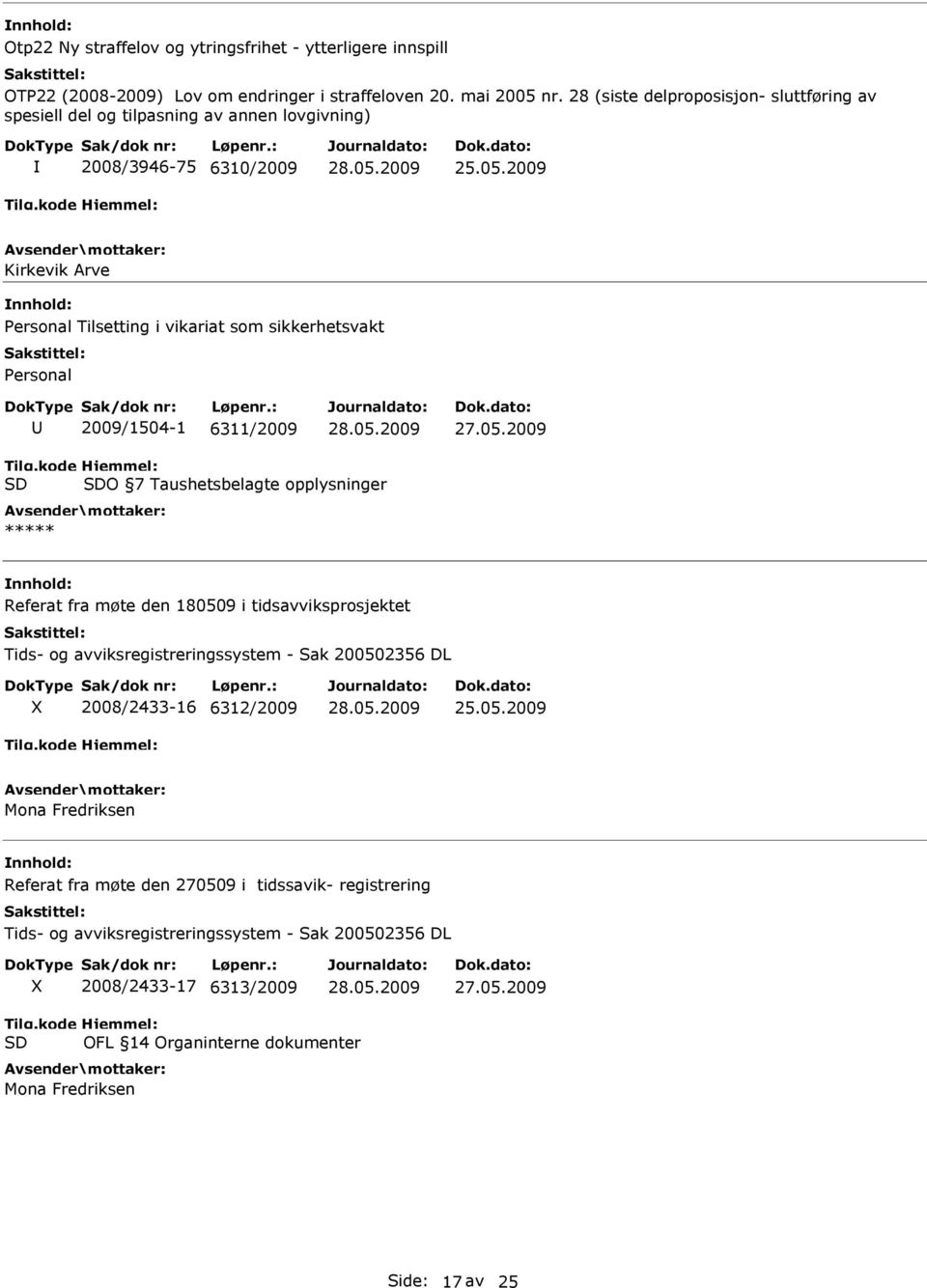 2009 Kirkevik Arve Personal Tilsetting i vikariat som sikkerhetsvakt Personal 2009/1504-1 6311/2009 O 7 Taushetsbelagte opplysninger ***** Referat fra møte den 180509 i