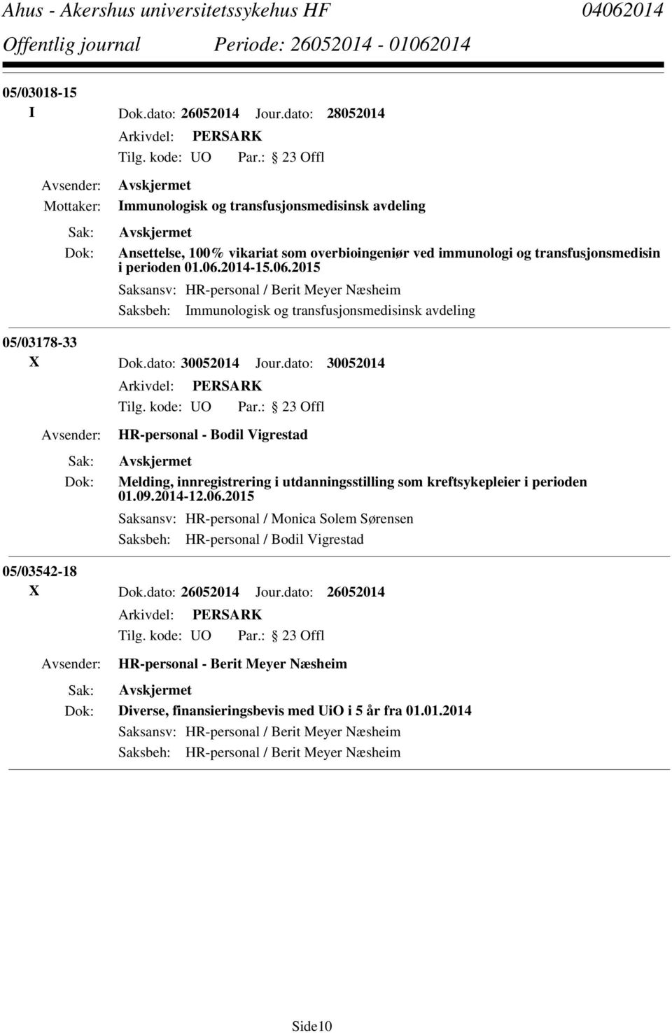 dato: 30052014 HR-personal - Bodil Vigrestad Melding, innregistrering i utdanningsstilling som kreftsykepleier i perioden 01.09.2014-12.06.