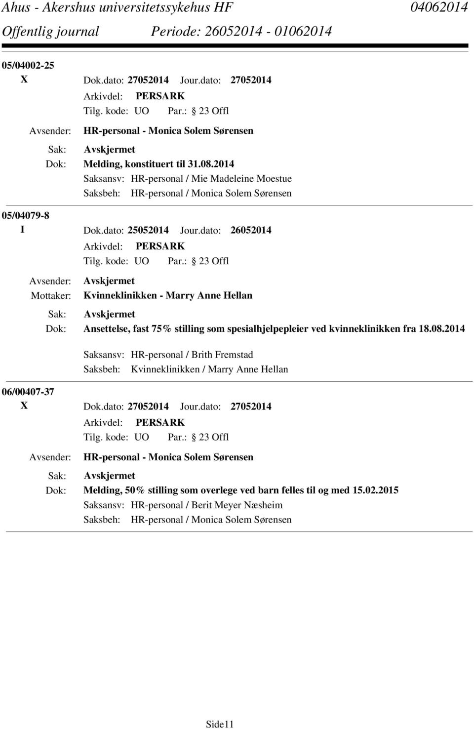 dato: 26052014 Kvinneklinikken - Marry Anne Hellan Ansettelse, fast 75% stilling som spesialhjelpepleier ved kvinneklinikken fra 18.08.