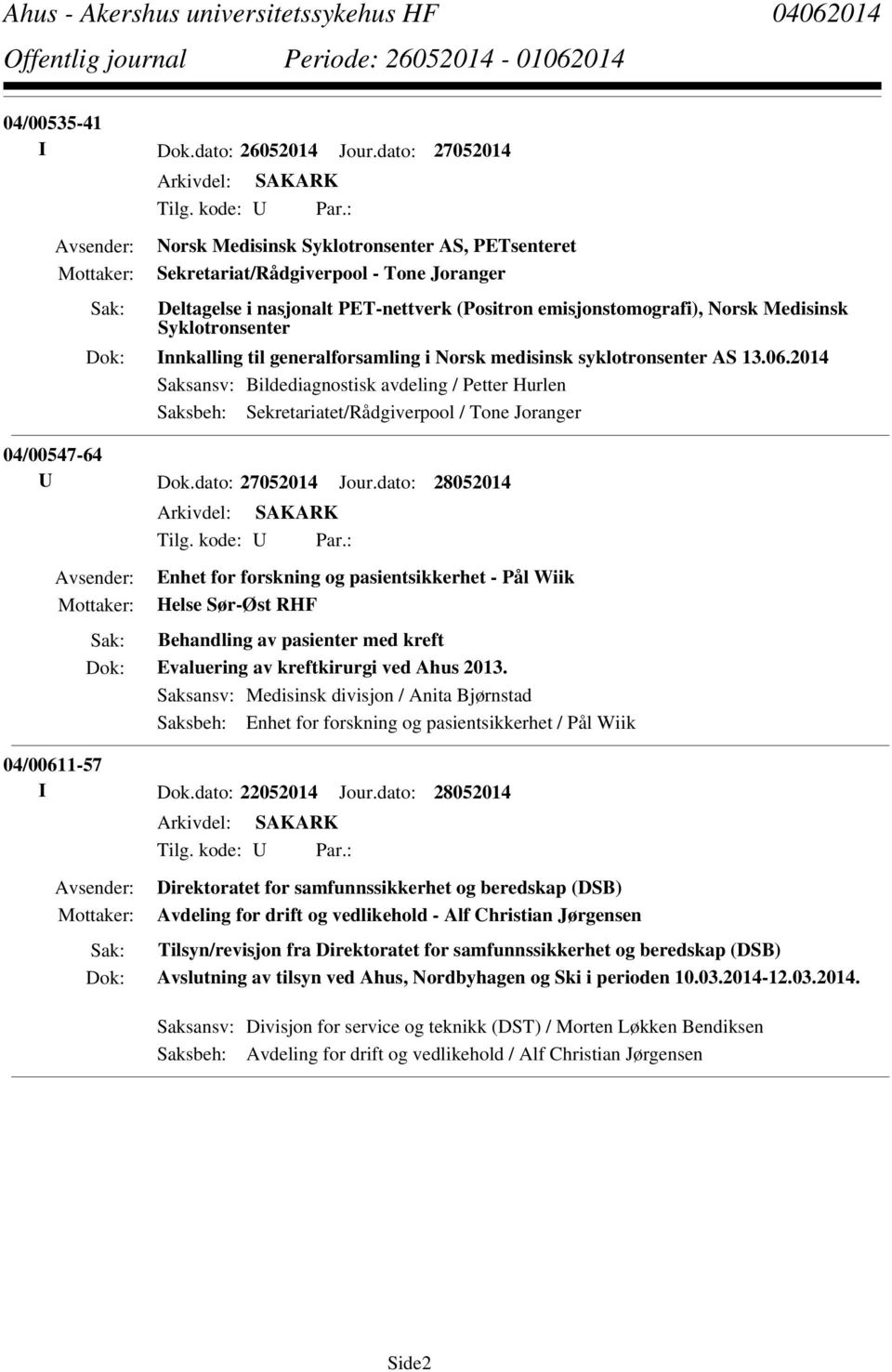 til generalforsamling i Norsk medisinsk syklotronsenter AS 13.06.2014 Saksansv: Bildediagnostisk avdeling / Petter Hurlen Saksbeh: Sekretariatet/Rådgiverpool / Tone Joranger 04/00547-64 U Dok.