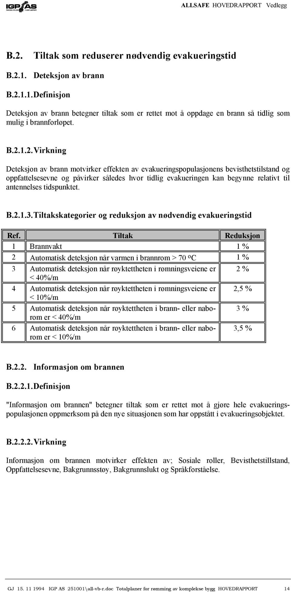 antennelses tidspunktet. B.2.1.3.Tiltakskategorier og reduksjon av nødvendig evakueringstid Ref.