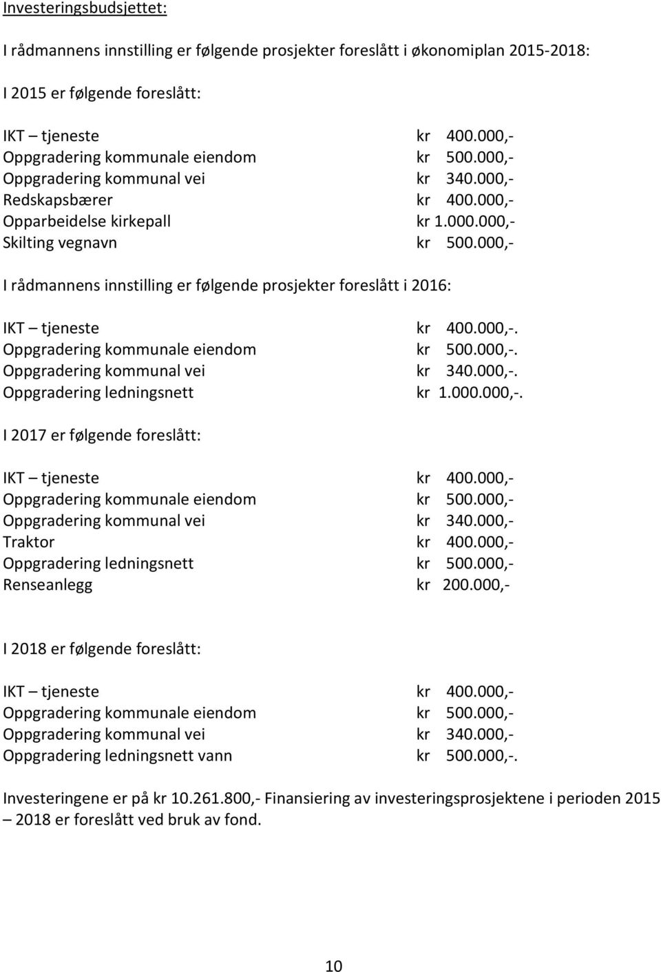 000,- I rådmannens innstilling er følgende prosjekter foreslått i 2016: IKT tjeneste kr 400.000,-. Oppgradering kommunale eiendom kr 500.000,-. Oppgradering kommunal vei kr 340.000,-. Oppgradering ledningsnett kr 1.