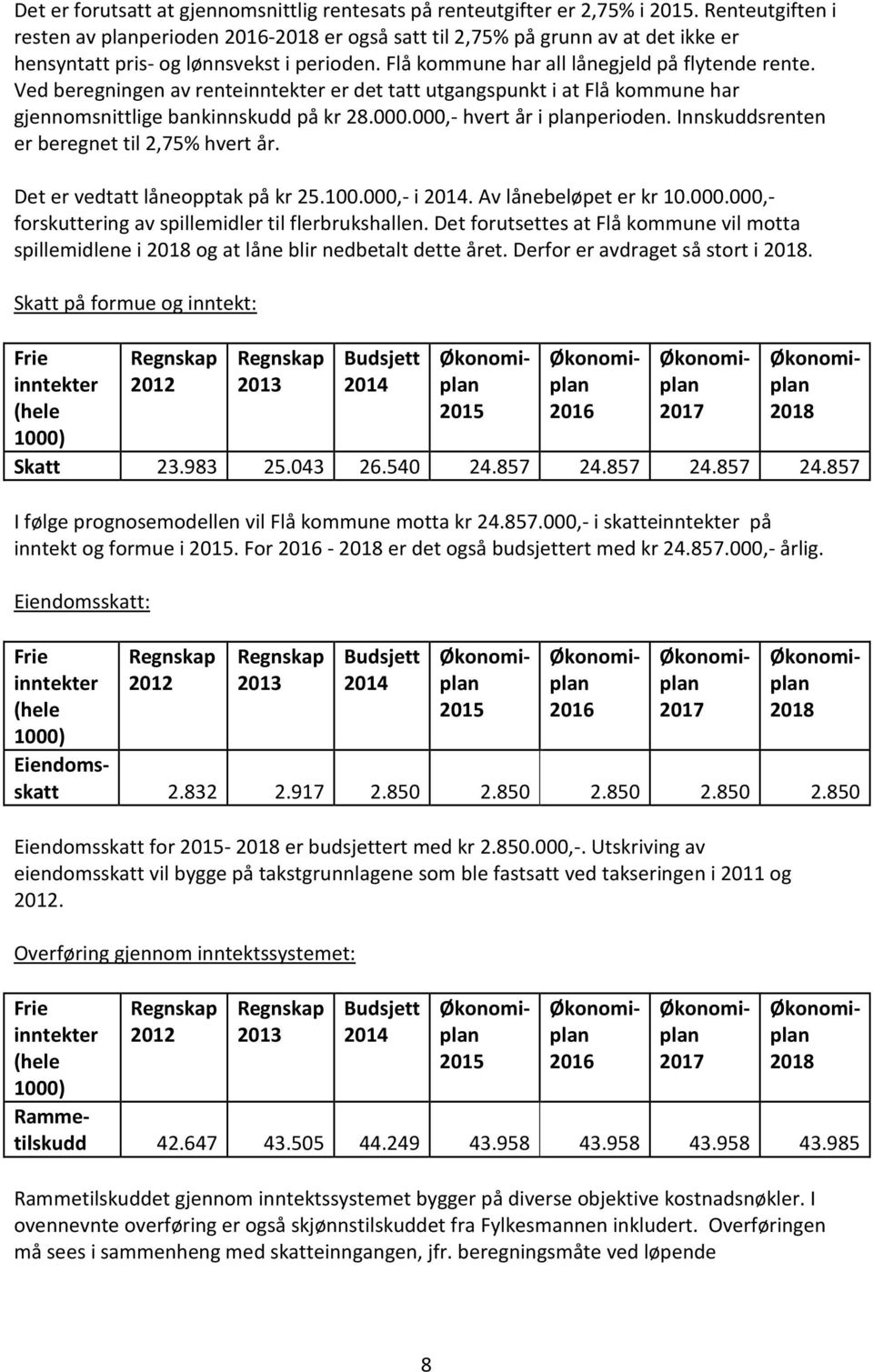 Ved beregningen av renteinntekter er det tatt utgangspunkt i at Flå kommune har gjennomsnittlige bankinnskudd på kr 28.000.000,- hvert år i planperioden.