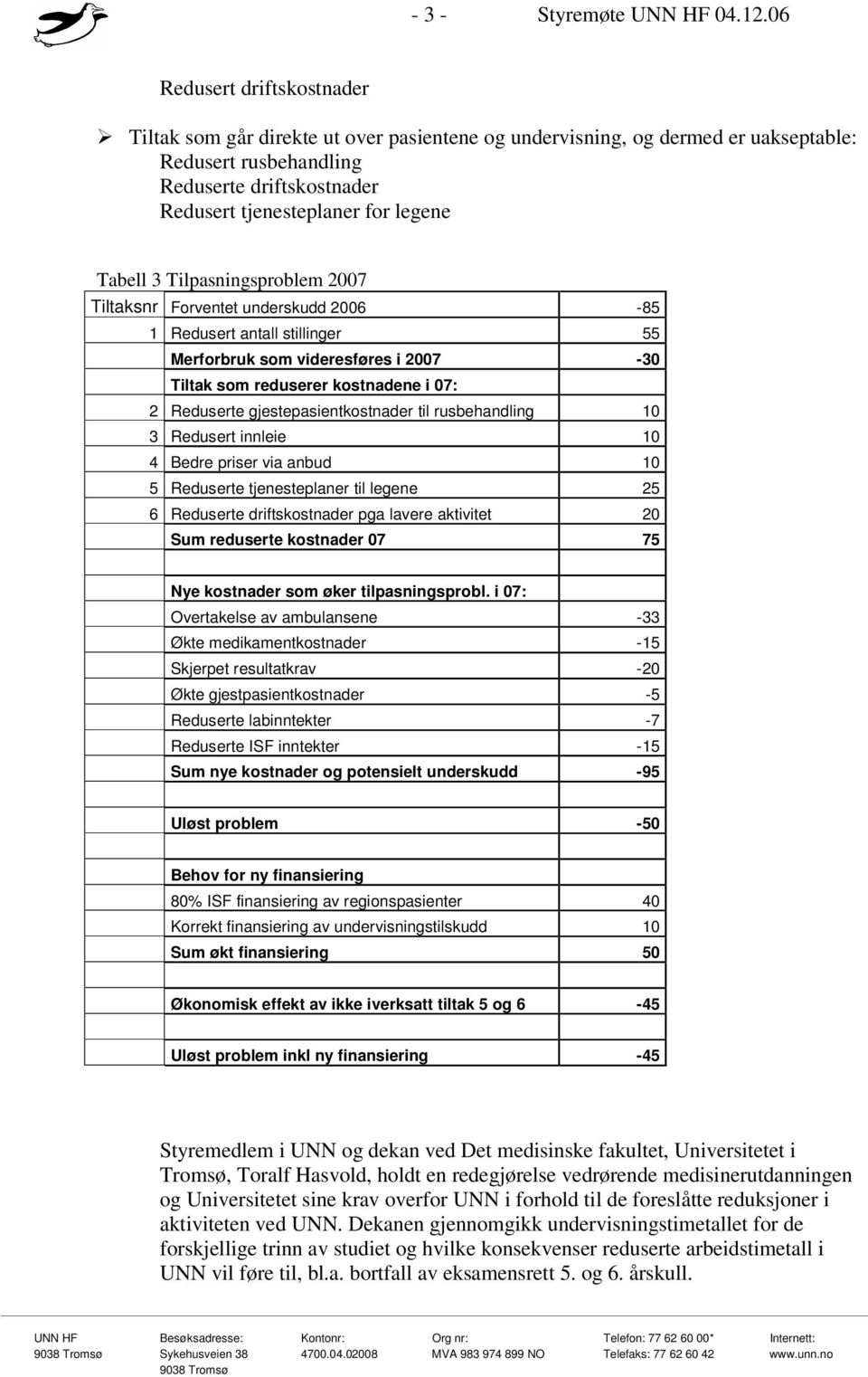 Tabell 3 Tilpasningsproblem 2007 Tiltaksnr Forventet underskudd 2006-85 1 Redusert antall stillinger 55 Merforbruk som videresføres i 2007-30 Tiltak som reduserer kostnadene i 07: 2 Reduserte