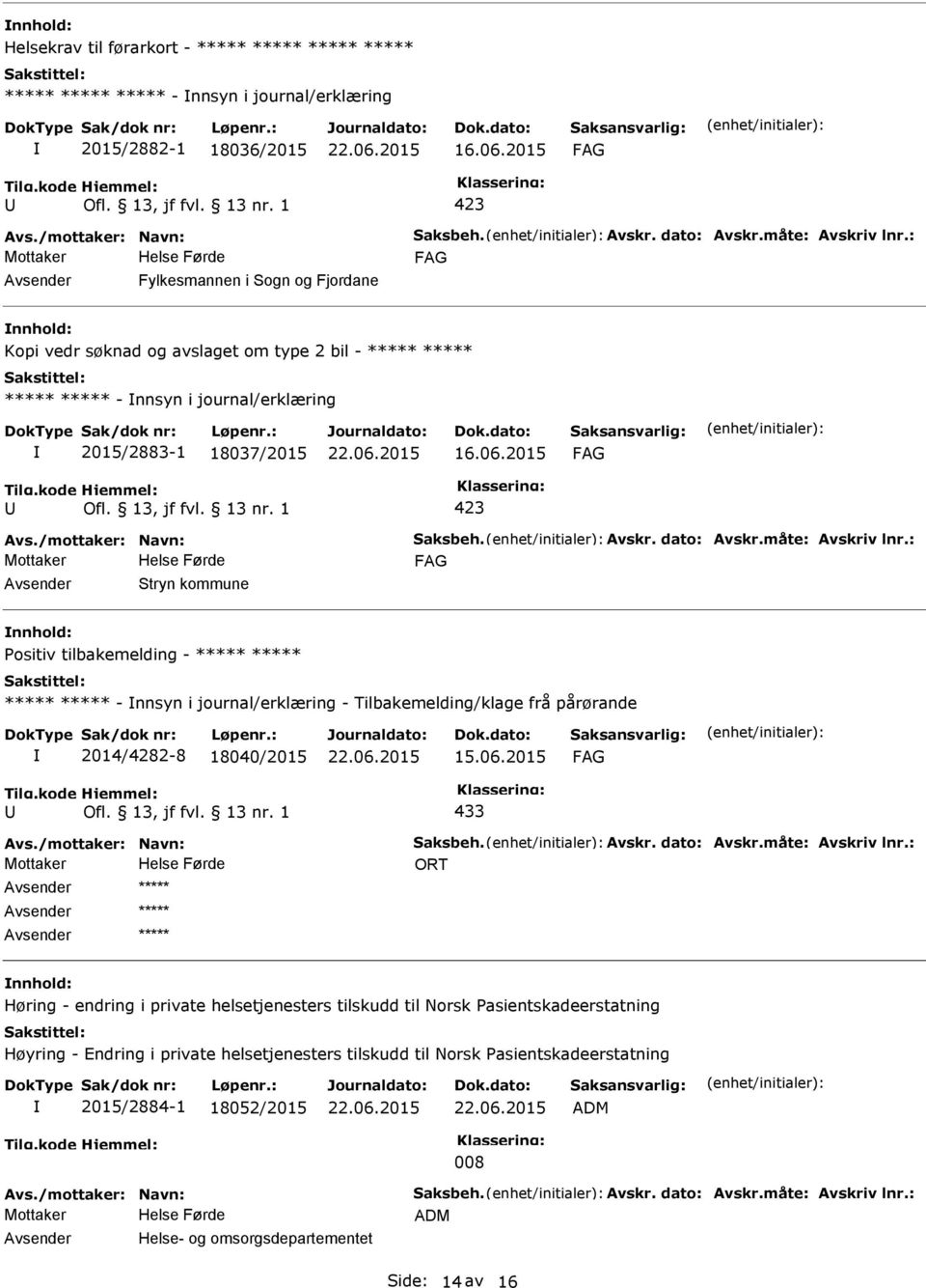 Avskr. dato: Avskr.måte: Avskriv lnr.: Stryn kommune Positiv tilbakemelding - ***** ***** ***** ***** - nnsyn i journal/erklæring - Tilbakemelding/klage frå pårørande 2014/4282-8 18040/2015 15.06.