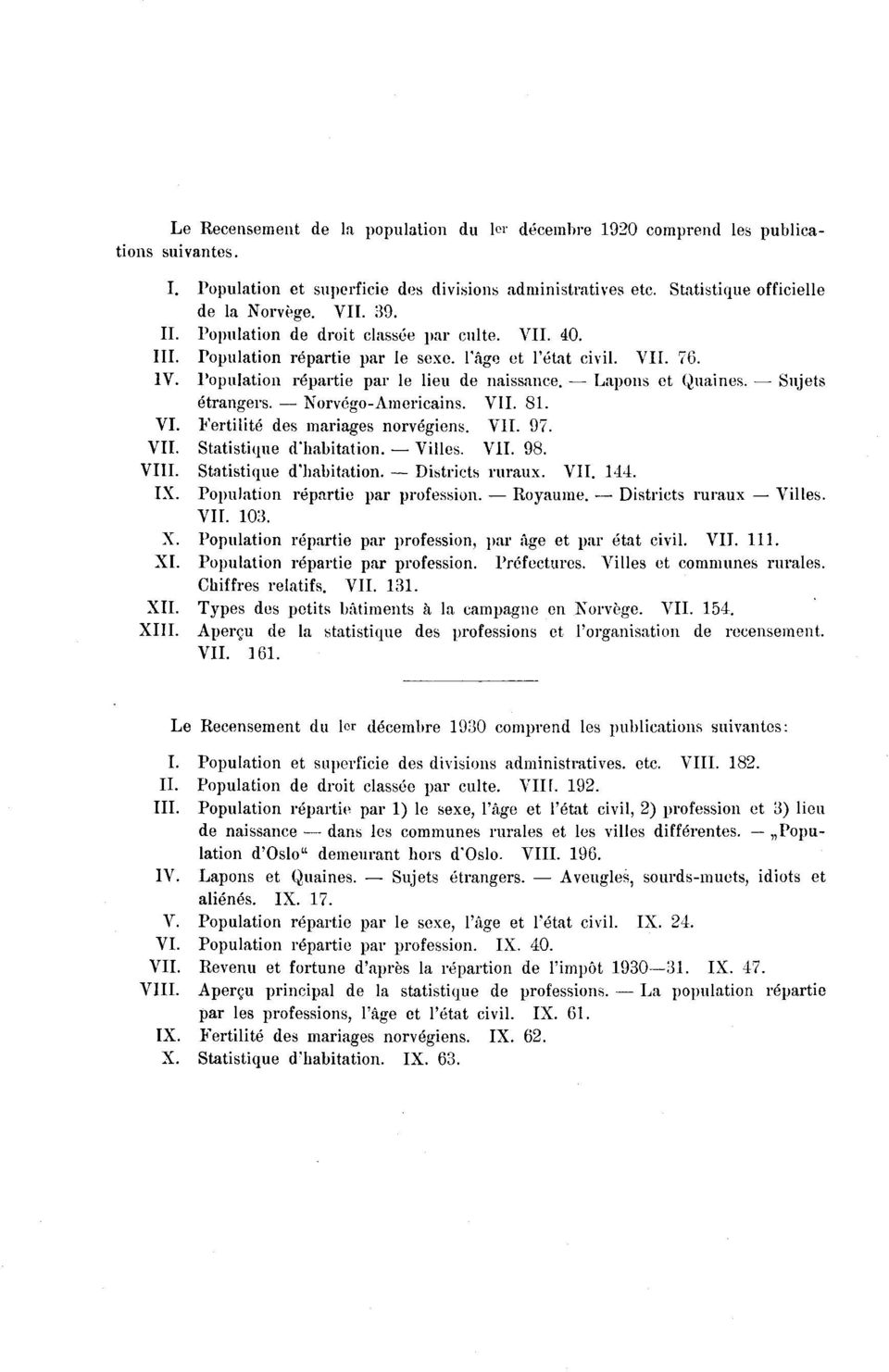 Sujets étrangers. Norvégo-Americains. VII. 8. VI. Fertilité des mariages norvégiens. VII. 97. VII. Statistique d'habitation. Villes. VII. 98. VIII. Statistique d'habitation. Districts ruraux. VII. 44.