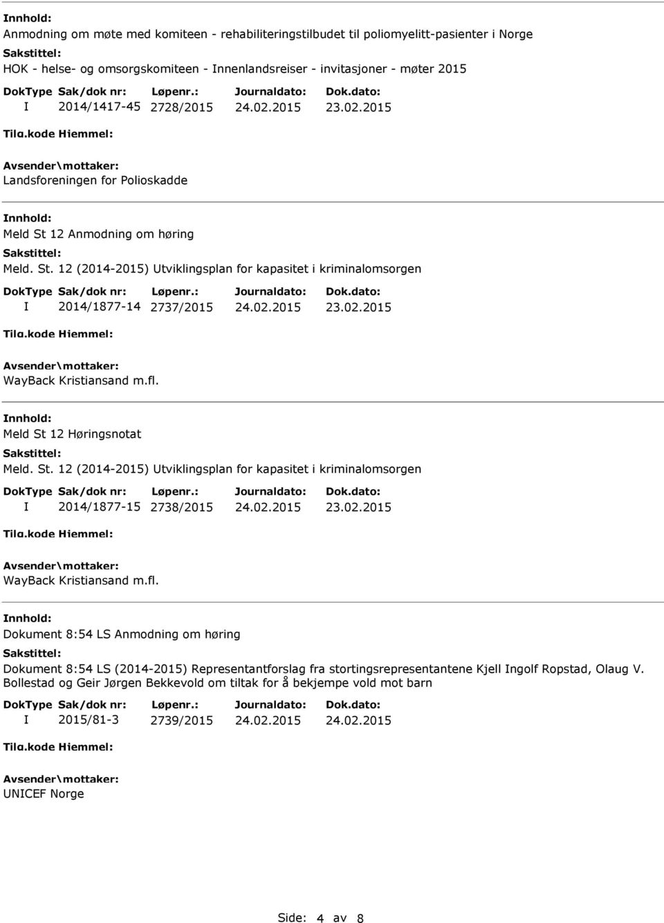 Meld St 12 Høringsnotat Meld. St. 12 (2014-2015) Utviklingsplan for kapasitet i kriminalomsorgen 2014/1877-15 2738/2015 WayBack Kristiansand m.fl.