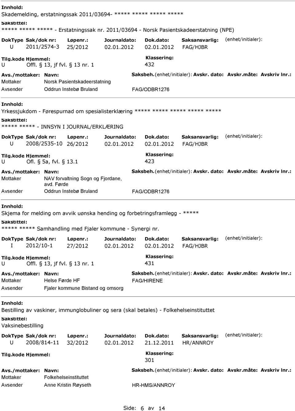 ***** ***** ***** ***** ***** ***** - NNSYN JORNAL/ERKLÆRNG 2008/2535-10 26/2012 Ofl. 5a, fvl. 13.1 423 Mottaker NAV forvaltning Sogn og Fjordane, avd.