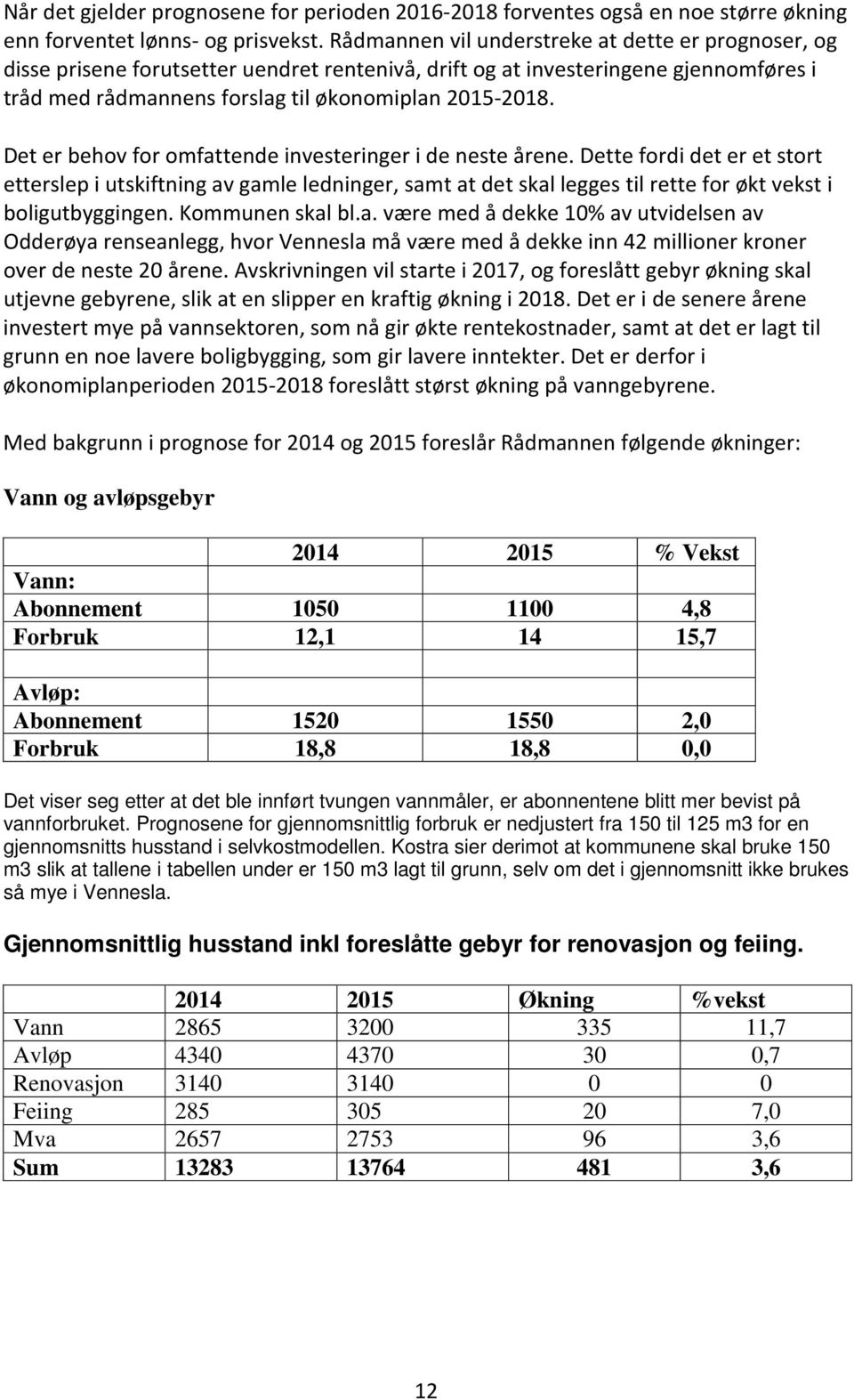 Det er behov for omfattende investeringer i de neste årene. Dette fordi det er et stort etterslep i utskiftning av gamle ledninger, samt at det skal legges til rette for økt vekst i boligutbyggingen.