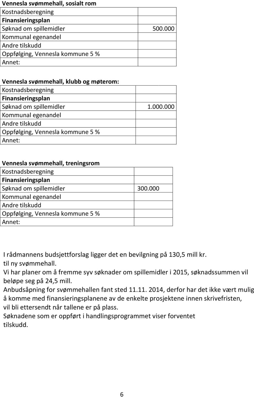 000 Kommunal egenandel Andre tilskudd Oppfølging, Vennesla kommune 5 % Annet: I rådmannens budsjettforslag ligger det en bevilgning på 130,5 mill kr. til ny svømmehall.