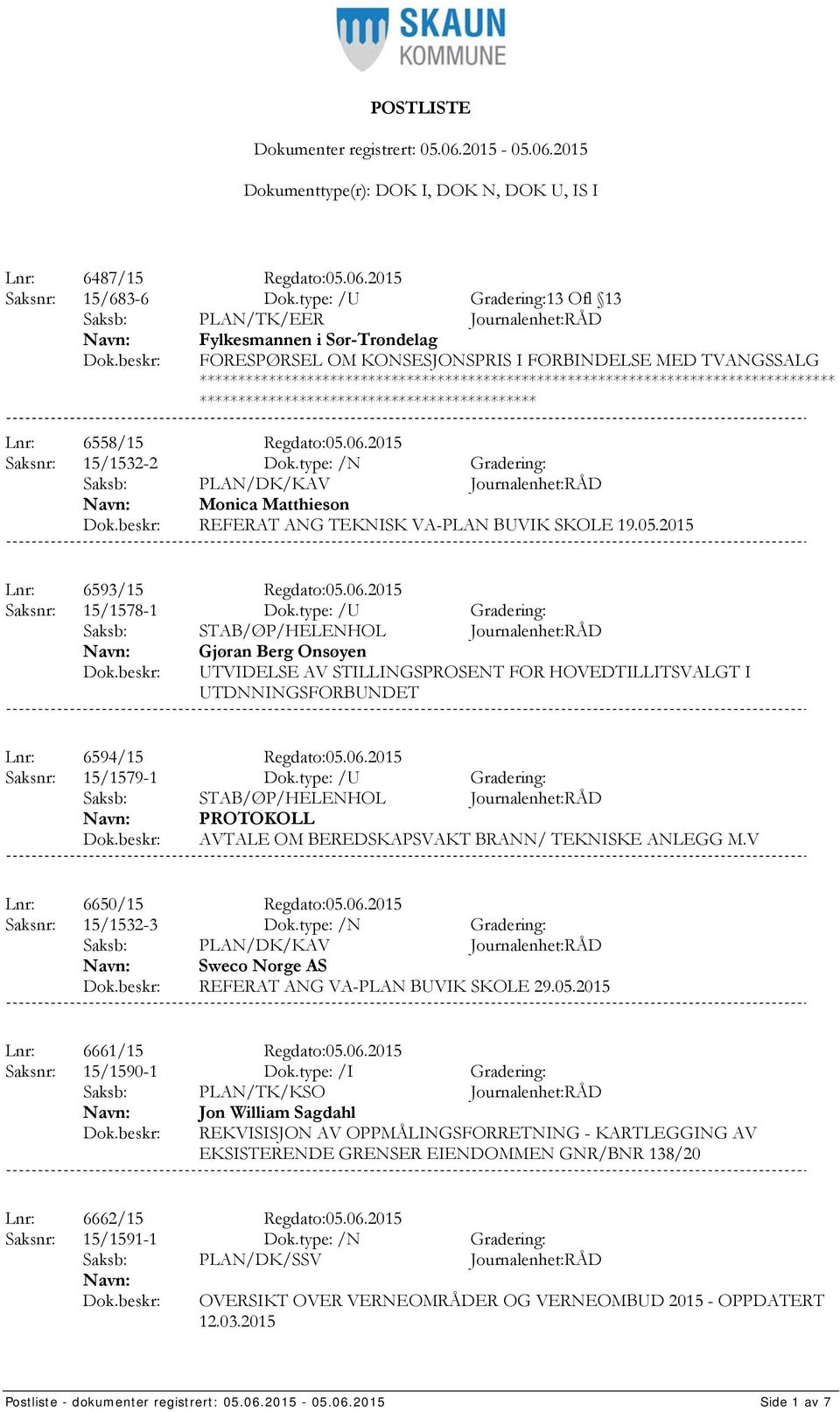 6558/15 Regdato:05.06.2015 Saksnr: 15/1532-2 Dok.type: /N Gradering: Monica Matthieson REFERAT ANG TEKNISK VA-PLAN BUVIK SKOLE 19.05.2015 Lnr: 6593/15 Regdato:05.06.2015 Saksnr: 15/1578-1 Dok.