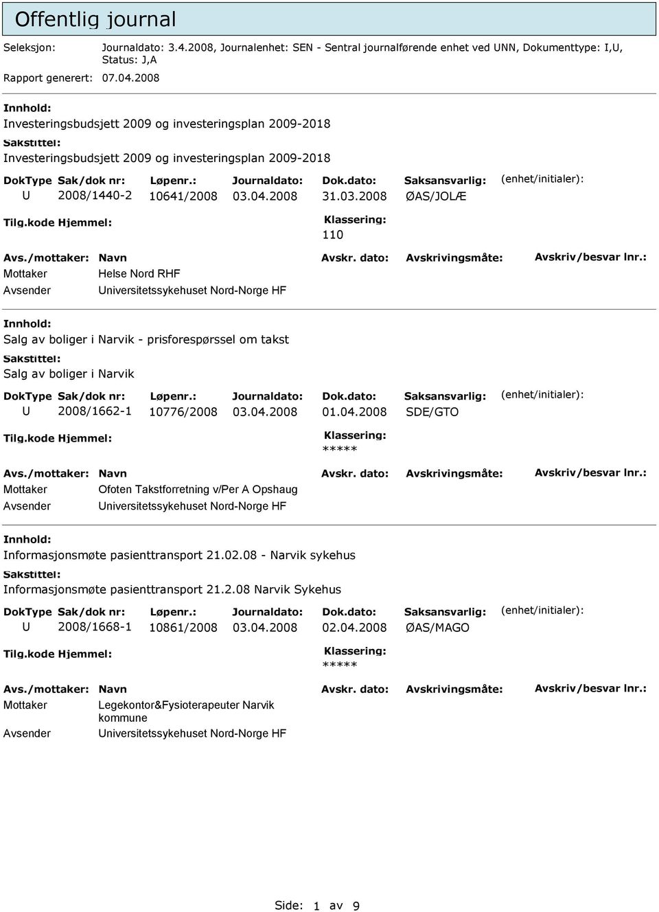 2008 ØAS/JOLÆ 110 Mottaker Helse Nord RHF Salg av boliger i Narvik - prisforespørssel om takst Salg av boliger i Narvik 2008/1662-1 10776/2008 Mottaker Ofoten