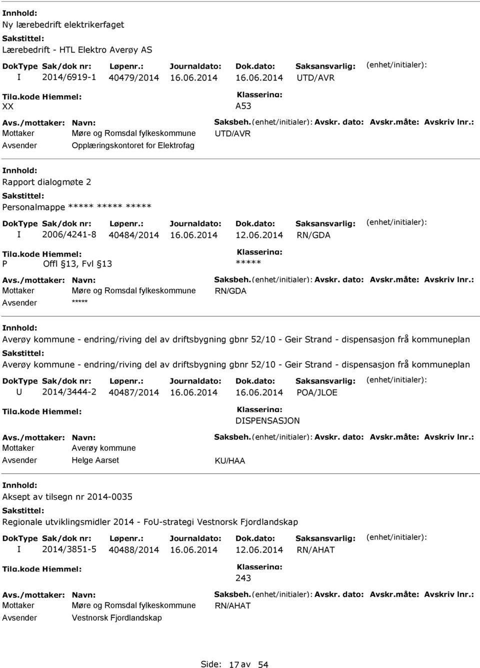 frå kommuneplan Averøy kommune - endring/riving del av driftsbygning gbnr 52/10 - Geir Strand - dispensasjon frå kommuneplan 2014/3444-2 40487/2014 POA/JLOE DSPENSASJON Mottaker Averøy kommune Helge