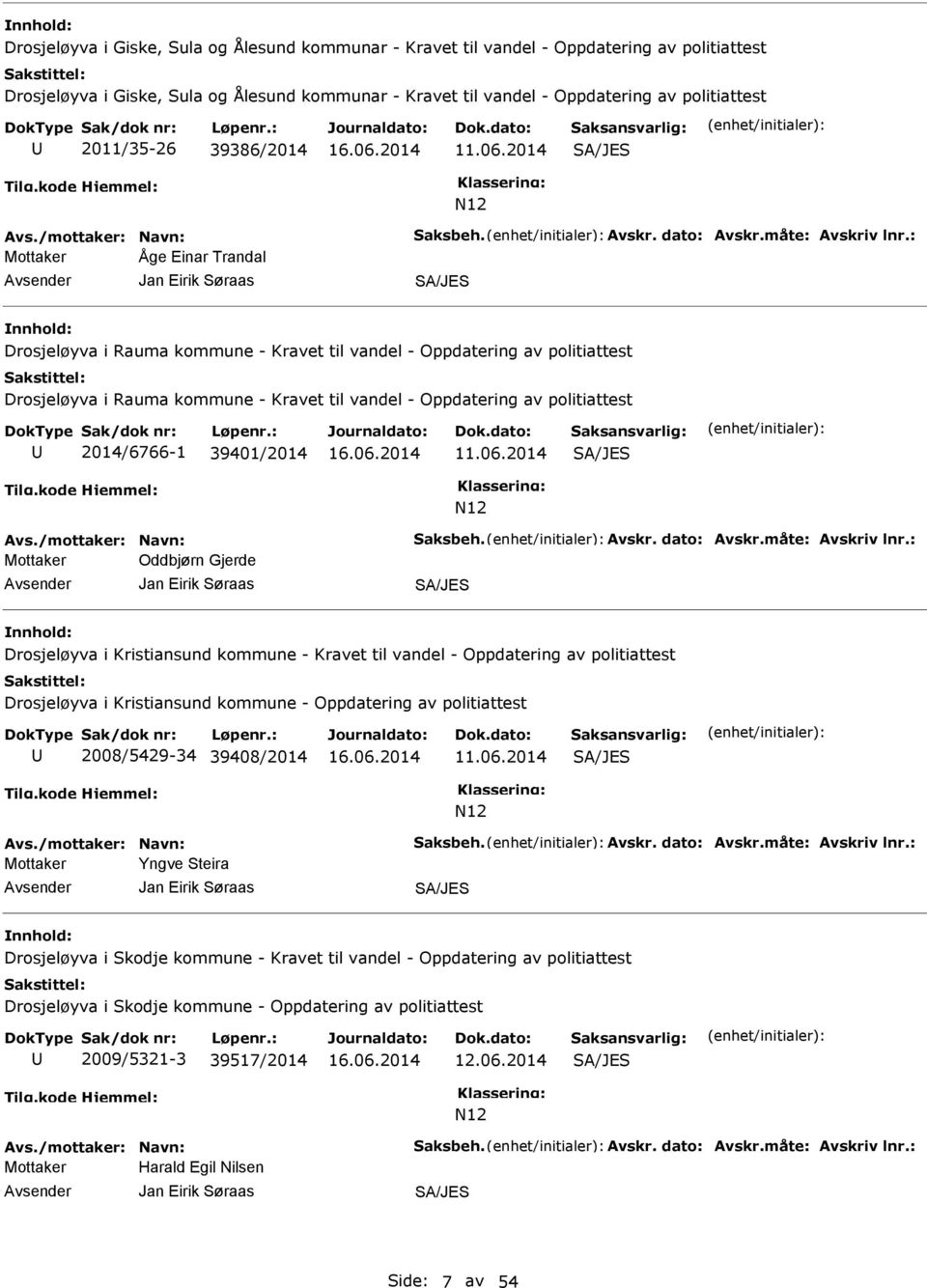 2014 SA/JES N12 Mottaker Åge Einar Trandal Jan Eirik Søraas SA/JES Drosjeløyva i Rauma kommune - Kravet til vandel - Oppdatering av politiattest Drosjeløyva i Rauma kommune - Kravet til vandel -