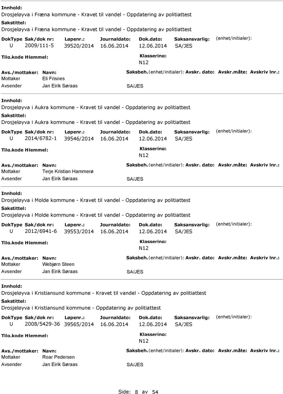 2014/6782-1 39546/2014 SA/JES N12 Mottaker Terje Kristian Hammerø Jan Eirik Søraas SA/JES Drosjeløyva i Molde kommune - Kravet til vandel - Oppdatering av politiattest Drosjeløyva i Molde kommune -