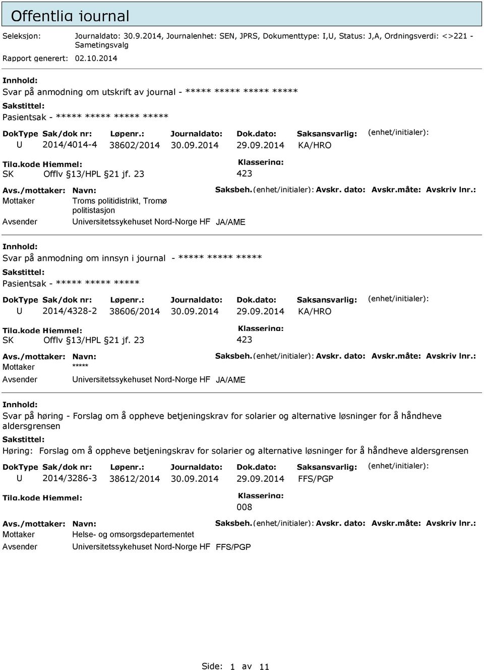 : Mottaker Troms politidistrikt, Tromø politistasjon niversitetssykehuset Nord-Norge HF JA/AME Svar på anmodning om innsyn i journal - ***** ***** ***** 2014/4328-2 38606/2014 Avs.