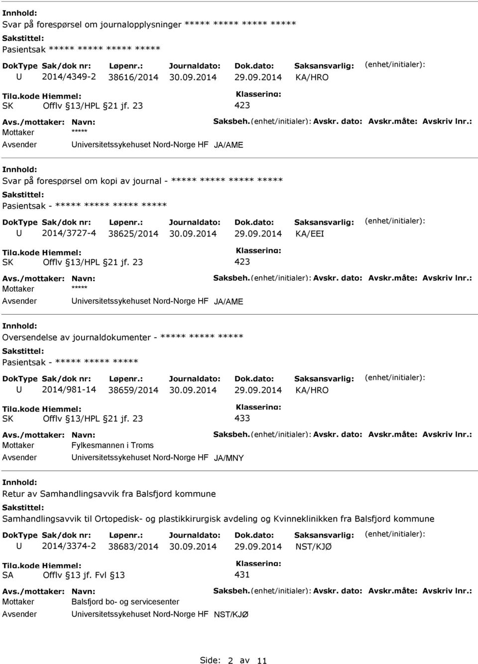 måte: Avskriv lnr.: niversitetssykehuset Nord-Norge HF JA/AME Oversendelse av journaldokumenter - ***** ***** ***** 2014/981-14 38659/2014 433 Avs./mottaker: Navn: Saksbeh. Avskr. dato: Avskr.