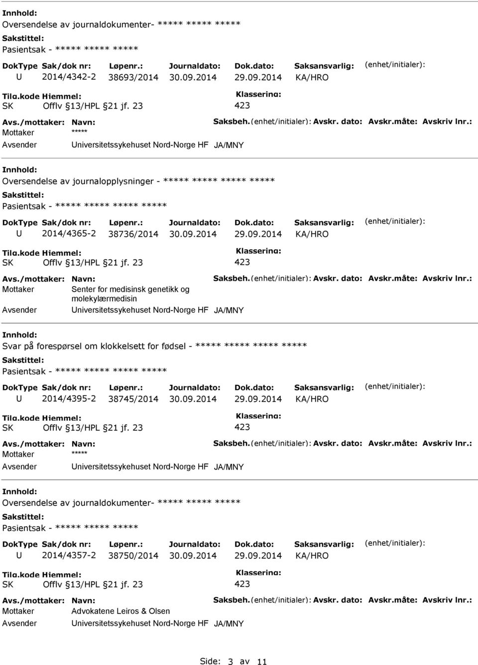 : Mottaker Senter for medisinsk genetikk og molekylærmedisin niversitetssykehuset Nord-Norge HF JA/MNY Svar på forespørsel om klokkelsett for fødsel - ***** ***** ***** ***** 2014/4395-2 38745/2014