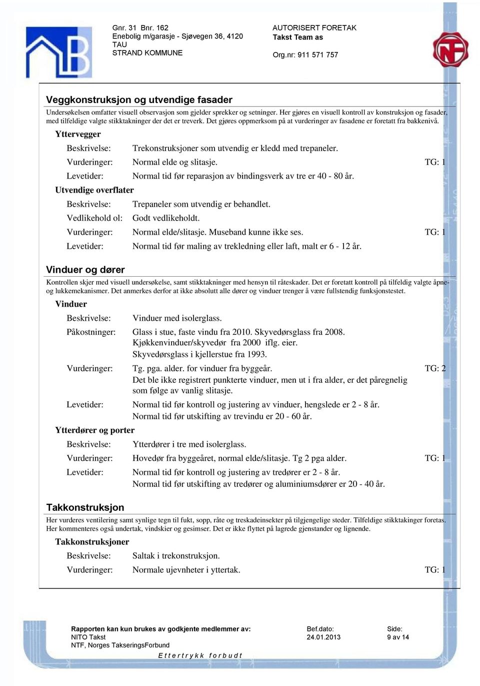 Yttervegger Trekonstruksjoner som utvendig er kledd med trepaneler. Vurderinger: Normal elde og slitasje. TG: 1 Utvendige overflater Normal tid før reparasjon av bindingsverk av tre er 40-80 år.