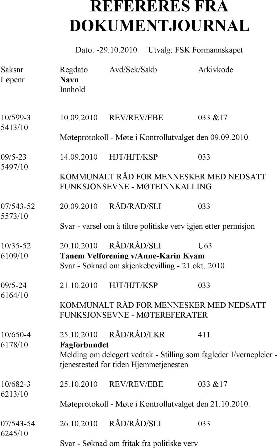 09.2010 RÅD/RÅD/SLI 033 5573/10 Svar - varsel om å tiltre politiske verv igjen etter permisjon 10/35-52 20.10.2010 RÅD/RÅD/SLI U63 6109/10 Tanem Velforening v/anne-karin Kvam Svar - Søknad om skjenkebevilling - 21.