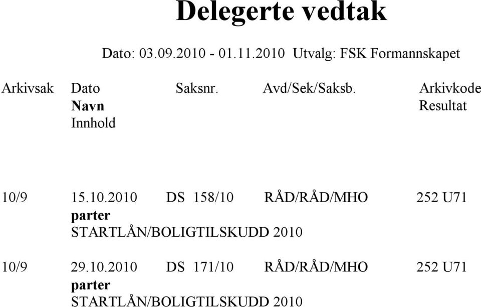 Arkivkode Navn Resultat Innhold 10/