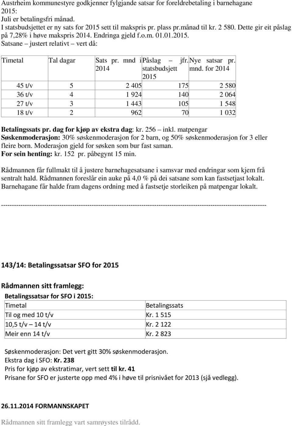 2014 statsbudsjett mnd. for 2014 2015 45 t/v 5 2 405 175 2 580 36 t/v 4 1 924 140 2 064 27 t/v 3 1 443 105 1 548 18 t/v 2 962 70 1 032 Betalingssats pr. dag for kjøp av ekstra dag: kr. 256 inkl.
